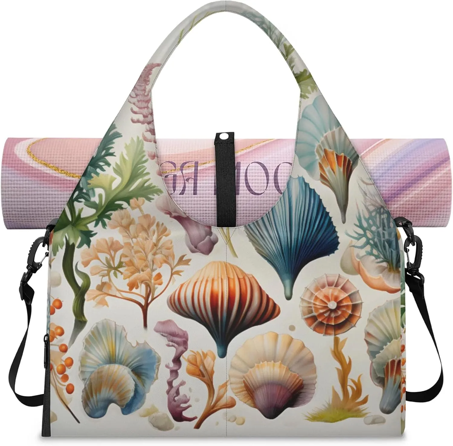 Yoga Tote Bag for Women Seashells Sea Plants Beach Bag with Shoe Storage & Yoga Mat Strap Waterproof Weekender Duffle Bag for Travel Fitness Weekend Trips