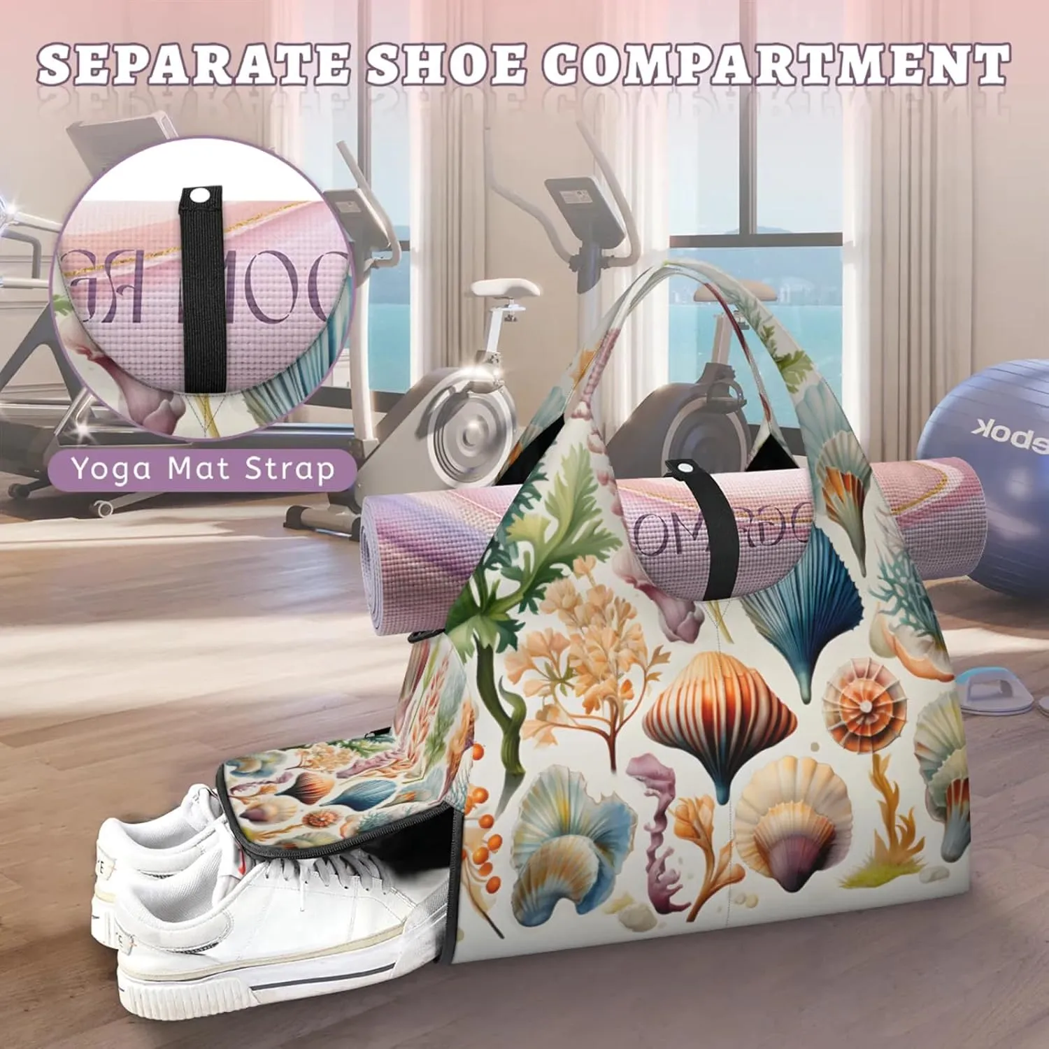 Yoga Tote Bag for Women Seashells Sea Plants Beach Bag with Shoe Storage & Yoga Mat Strap Waterproof Weekender Duffle Bag for Travel Fitness Weekend Trips