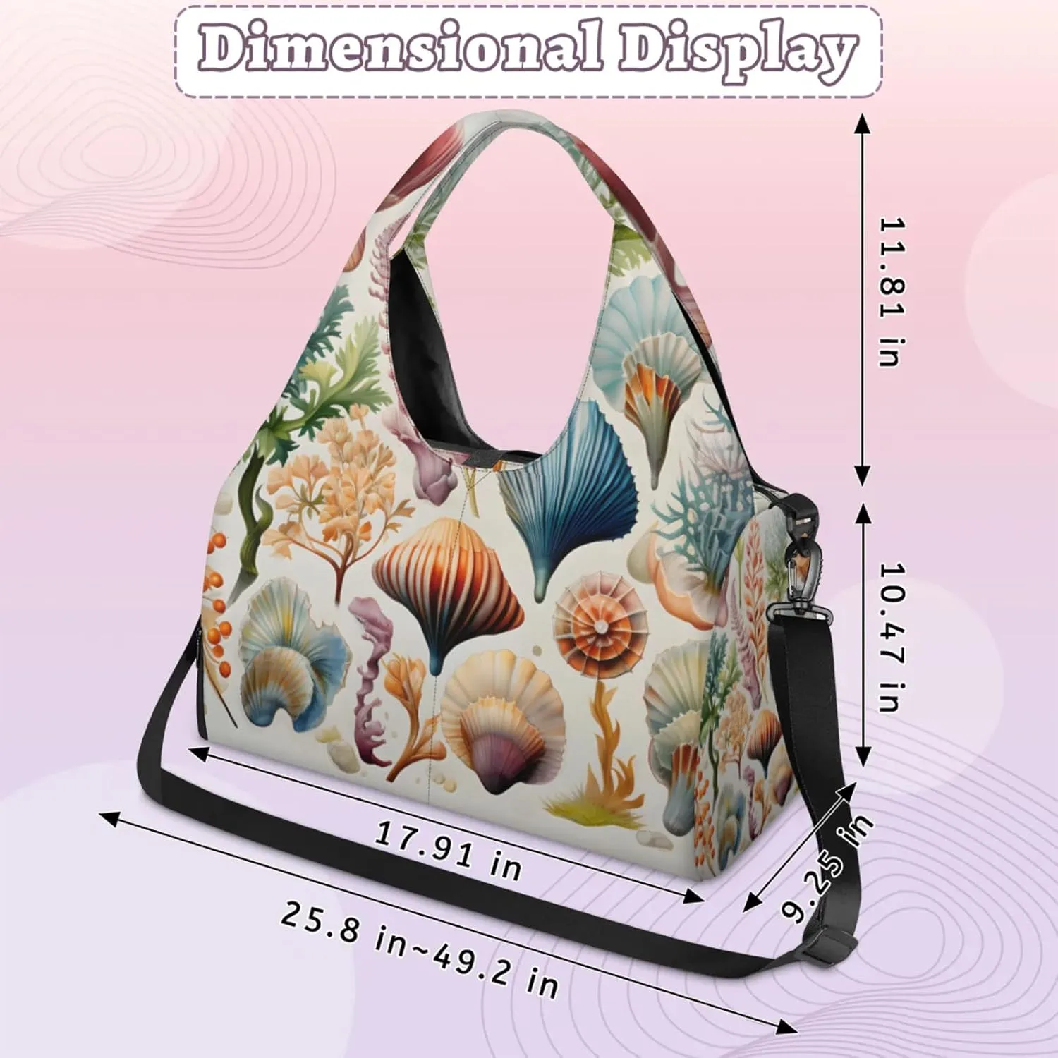 Yoga Tote Bag for Women Seashells Sea Plants Beach Bag with Shoe Storage & Yoga Mat Strap Waterproof Weekender Duffle Bag for Travel Fitness Weekend Trips
