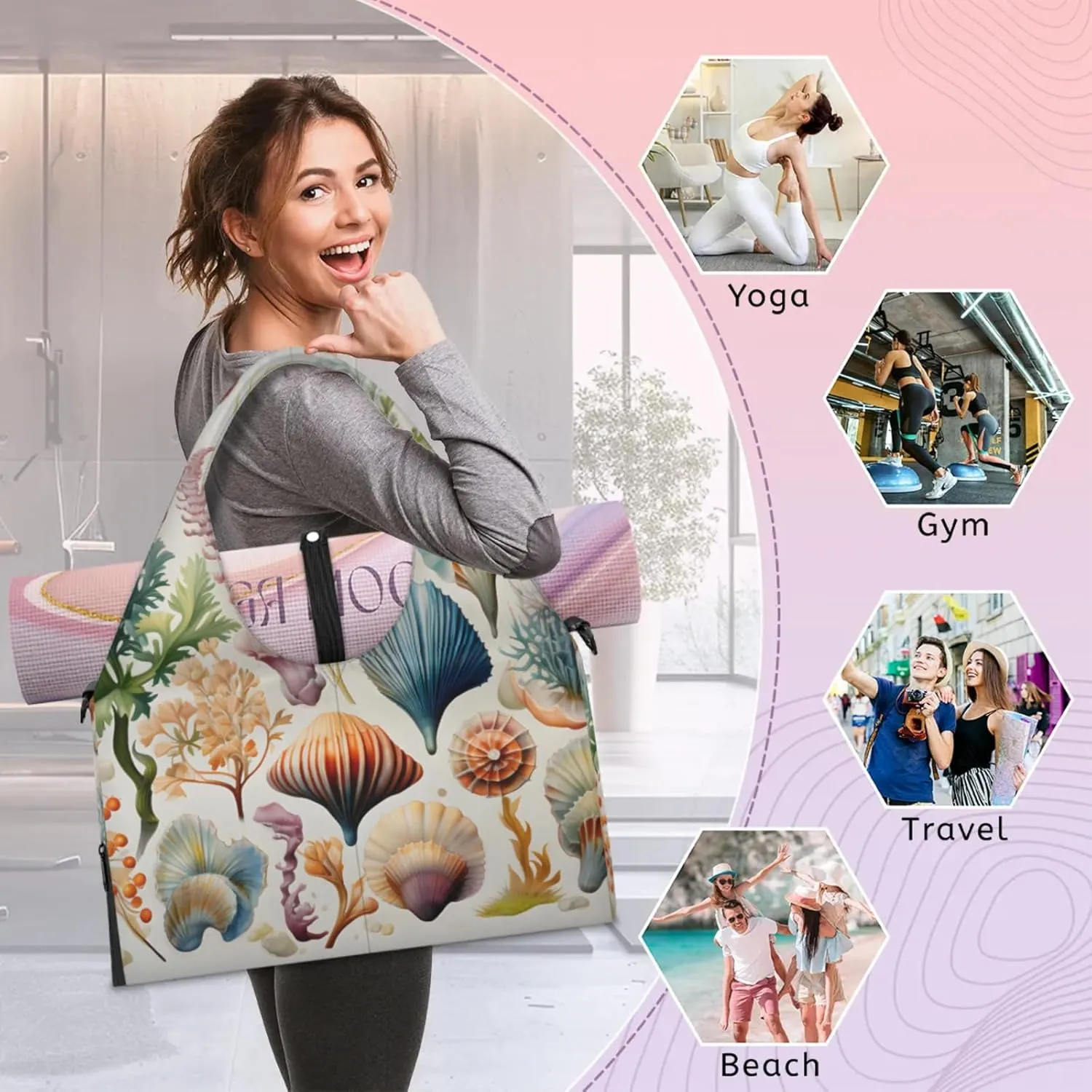 Yoga Tote Bag for Women Seashells Sea Plants Beach Bag with Shoe Storage & Yoga Mat Strap Waterproof Weekender Duffle Bag for Travel Fitness Weekend Trips