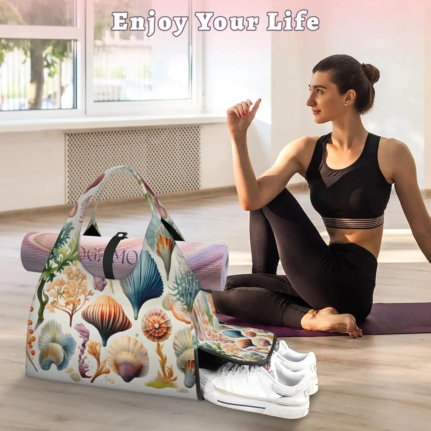 Yoga Tote Bag for Women Seashells Sea Plants Beach Bag with Shoe Storage & Yoga Mat Strap Waterproof Weekender Duffle Bag for Travel Fitness Weekend Trips