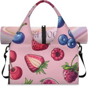 Yoga Tote Bag for Women Strawberry Blueberry Cherry Beach Bag with Shoe Storage & Yoga Mat Strap Waterproof Weekender Duffle Bag for Travel Fitness Weekend Trips