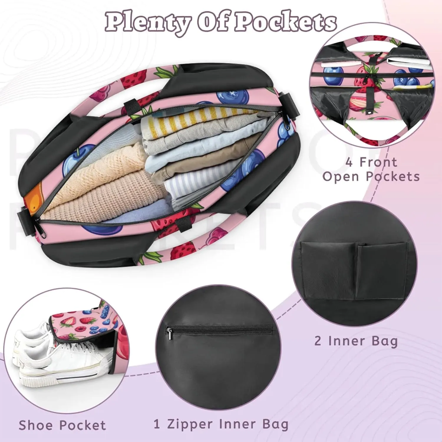 Yoga Tote Bag for Women Strawberry Blueberry Cherry Beach Bag with Shoe Storage & Yoga Mat Strap Waterproof Weekender Duffle Bag for Travel Fitness Weekend Trips