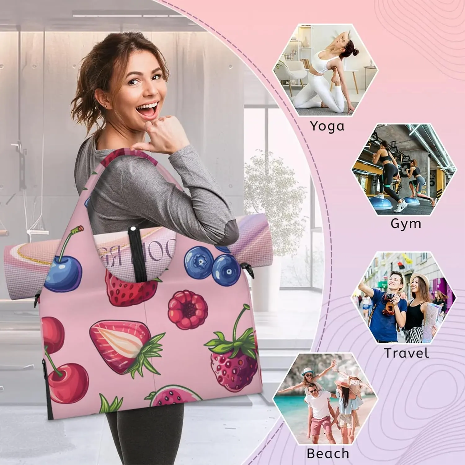 Yoga Tote Bag for Women Strawberry Blueberry Cherry Beach Bag with Shoe Storage & Yoga Mat Strap Waterproof Weekender Duffle Bag for Travel Fitness Weekend Trips