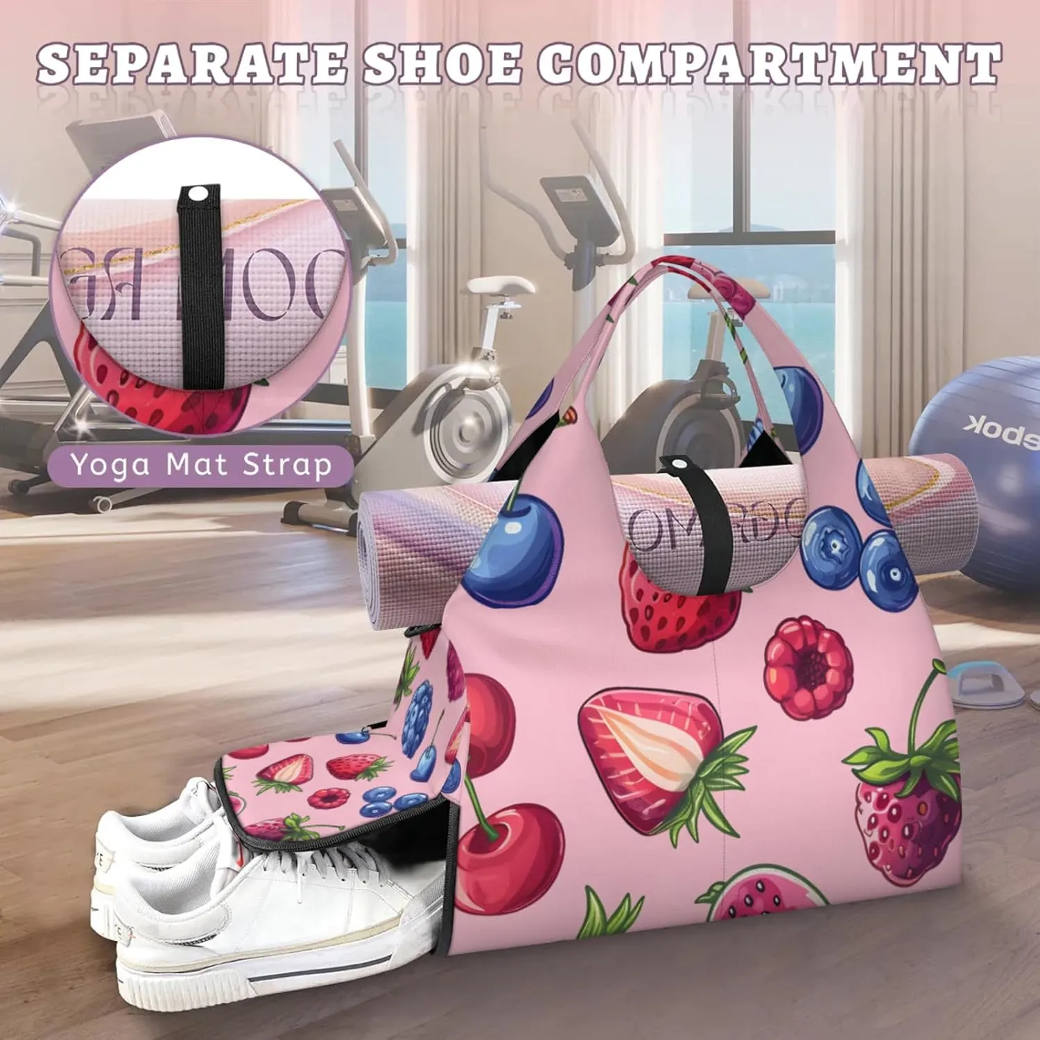 Yoga Tote Bag for Women Strawberry Blueberry Cherry Beach Bag with Shoe Storage & Yoga Mat Strap Waterproof Weekender Duffle Bag for Travel Fitness Weekend Trips