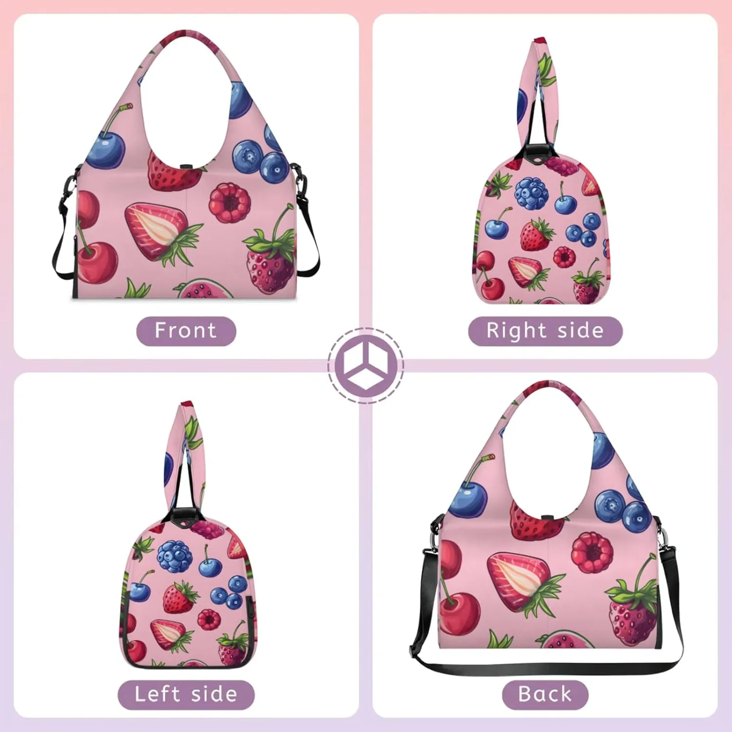 Yoga Tote Bag for Women Strawberry Blueberry Cherry Beach Bag with Shoe Storage & Yoga Mat Strap Waterproof Weekender Duffle Bag for Travel Fitness Weekend Trips