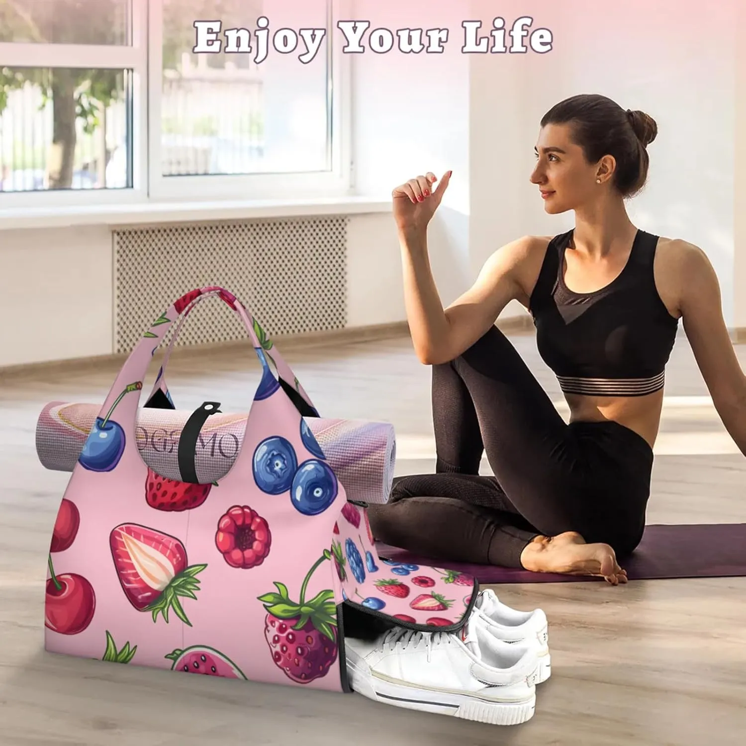 Yoga Tote Bag for Women Strawberry Blueberry Cherry Beach Bag with Shoe Storage & Yoga Mat Strap Waterproof Weekender Duffle Bag for Travel Fitness Weekend Trips