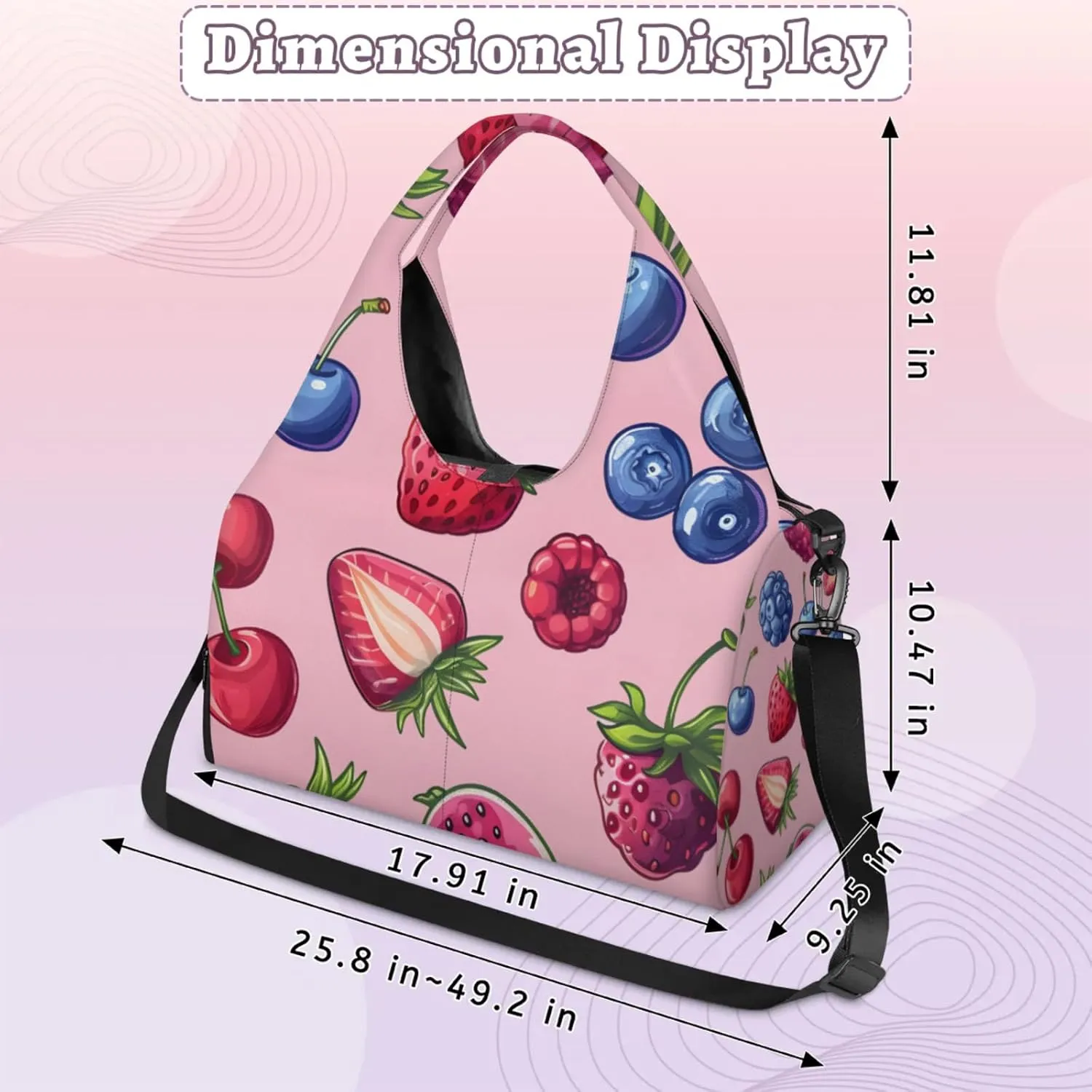 Yoga Tote Bag for Women Strawberry Blueberry Cherry Beach Bag with Shoe Storage & Yoga Mat Strap Waterproof Weekender Duffle Bag for Travel Fitness Weekend Trips