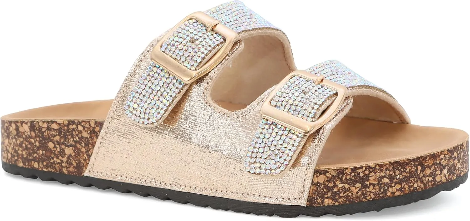 YOKI GIENNA-50Y Girls Sandals with Rhinestone-Encrusted Buckles, Cushioned Cork Footbed Flats, Girls Summer Sandals