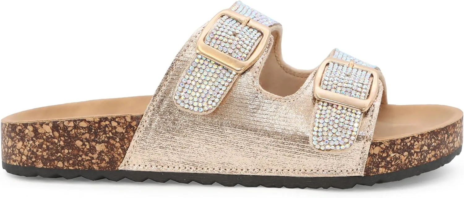 YOKI GIENNA-50Y Girls Sandals with Rhinestone-Encrusted Buckles, Cushioned Cork Footbed Flats, Girls Summer Sandals