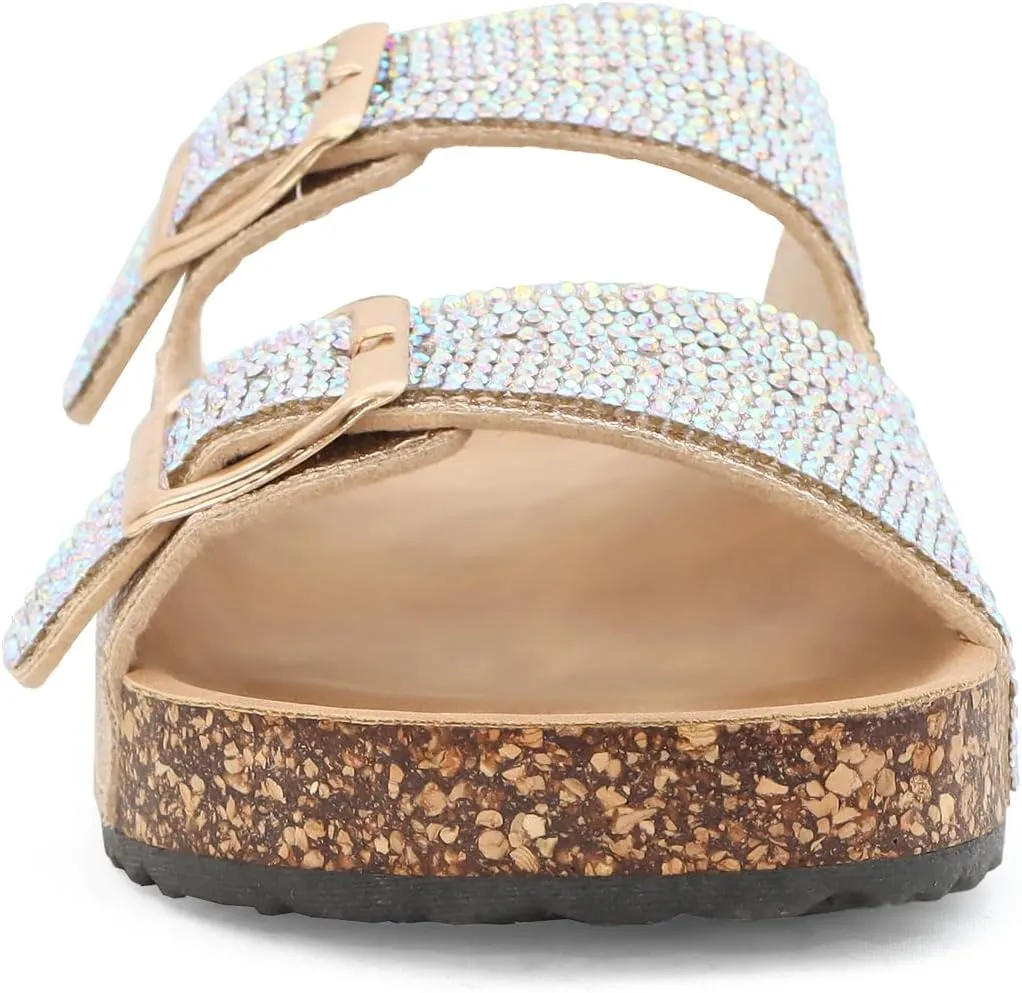 YOKI GIENNA-50Y Girls Sandals with Rhinestone-Encrusted Buckles, Cushioned Cork Footbed Flats, Girls Summer Sandals