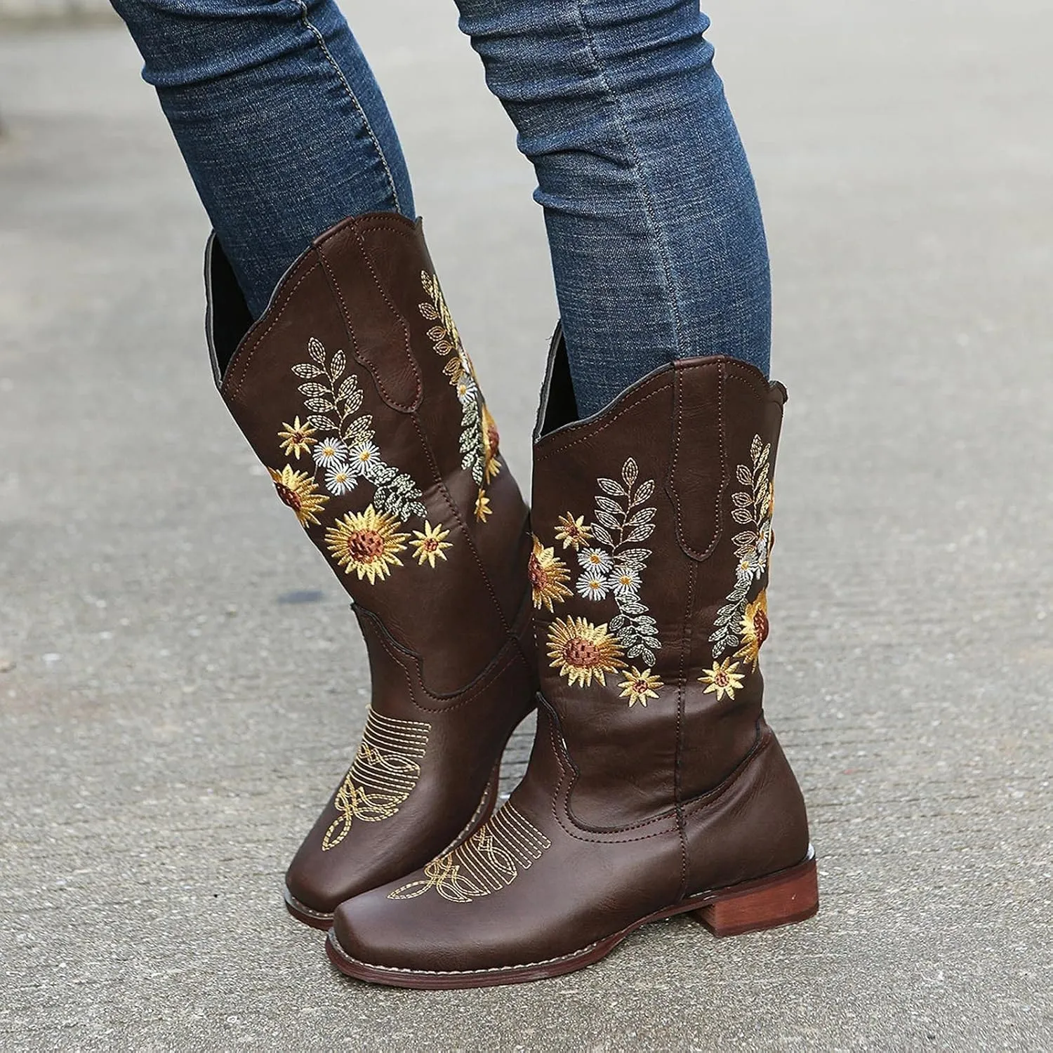 ZBYY Cowboy Boots for Women Pointy Toe Low Chunky Heel Cowgirl Boots Winter Sunflower Embroidered Knee High Western Boots