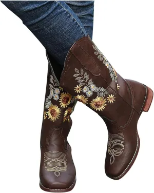 ZBYY Cowboy Boots for Women Pointy Toe Low Chunky Heel Cowgirl Boots Winter Sunflower Embroidered Knee High Western Boots