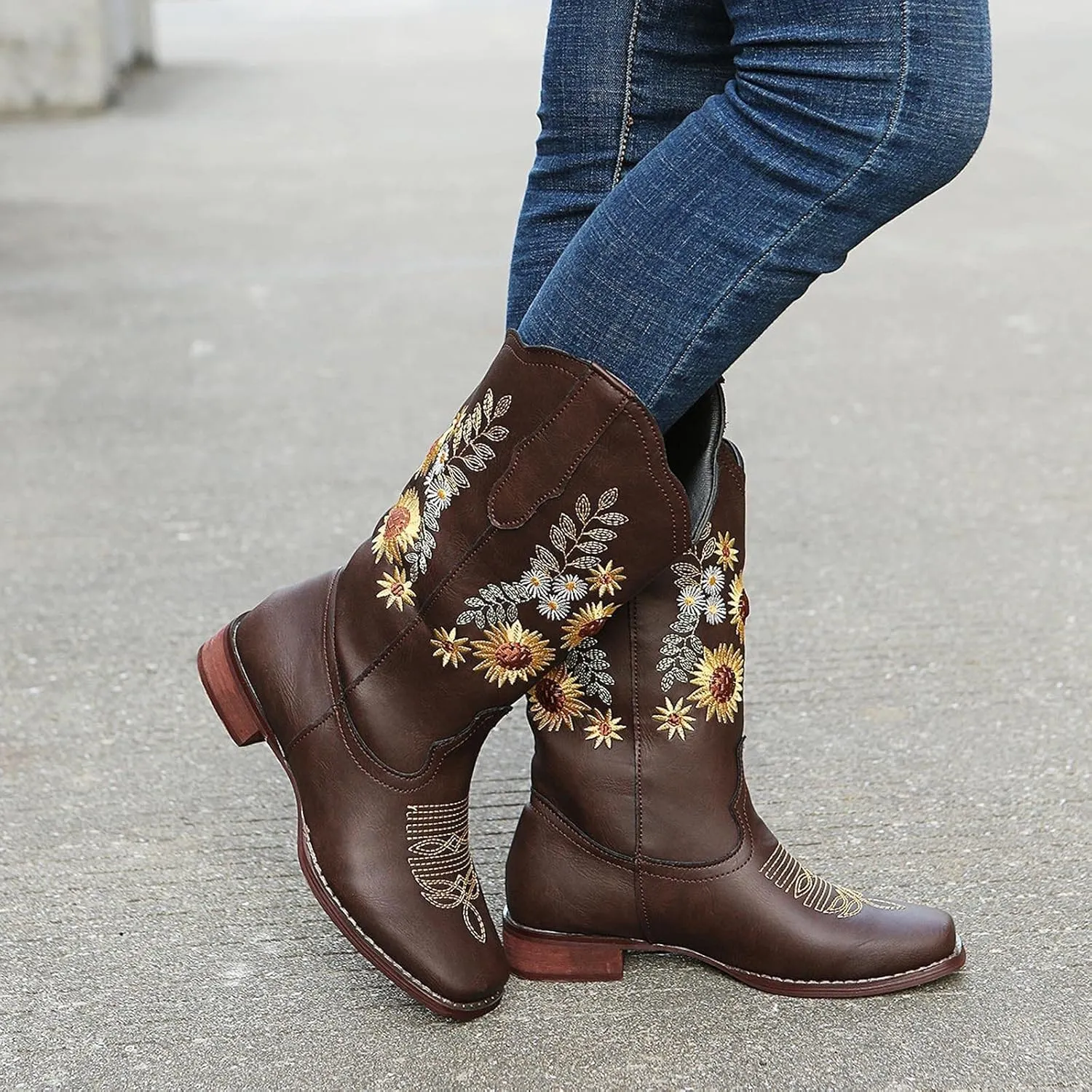 ZBYY Cowboy Boots for Women Pointy Toe Low Chunky Heel Cowgirl Boots Winter Sunflower Embroidered Knee High Western Boots