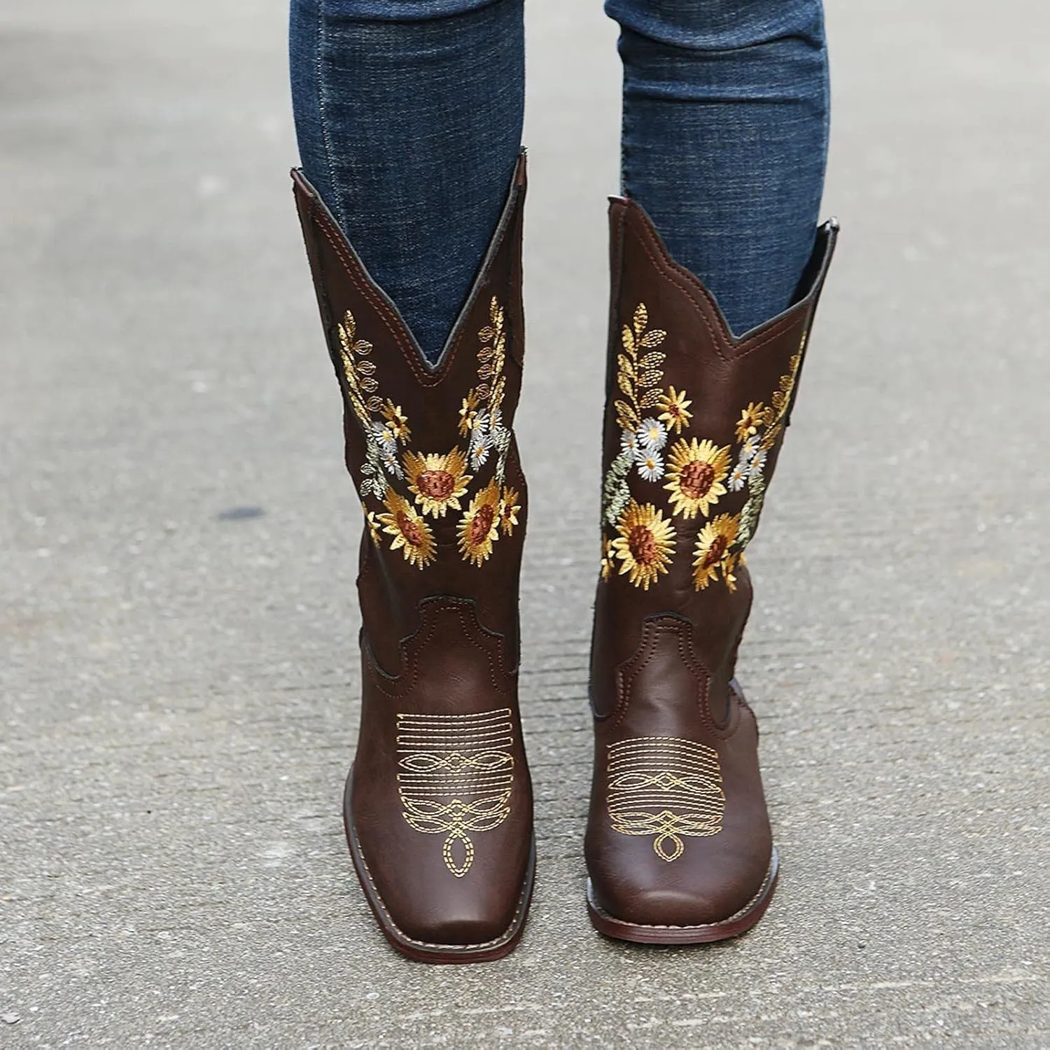 ZBYY Cowboy Boots for Women Pointy Toe Low Chunky Heel Cowgirl Boots Winter Sunflower Embroidered Knee High Western Boots