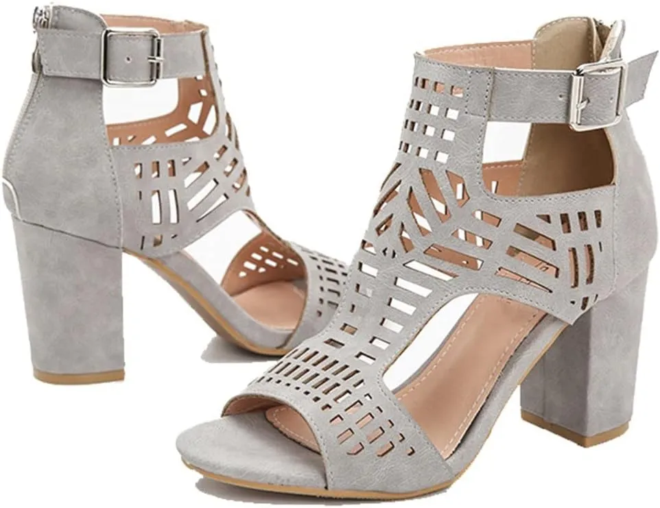 ZBYY Sandals for Women Summer Peep Toe Block Chunky Heel Sandals Cut Out Sandals Back Zipper High Heel Dressy Sandals