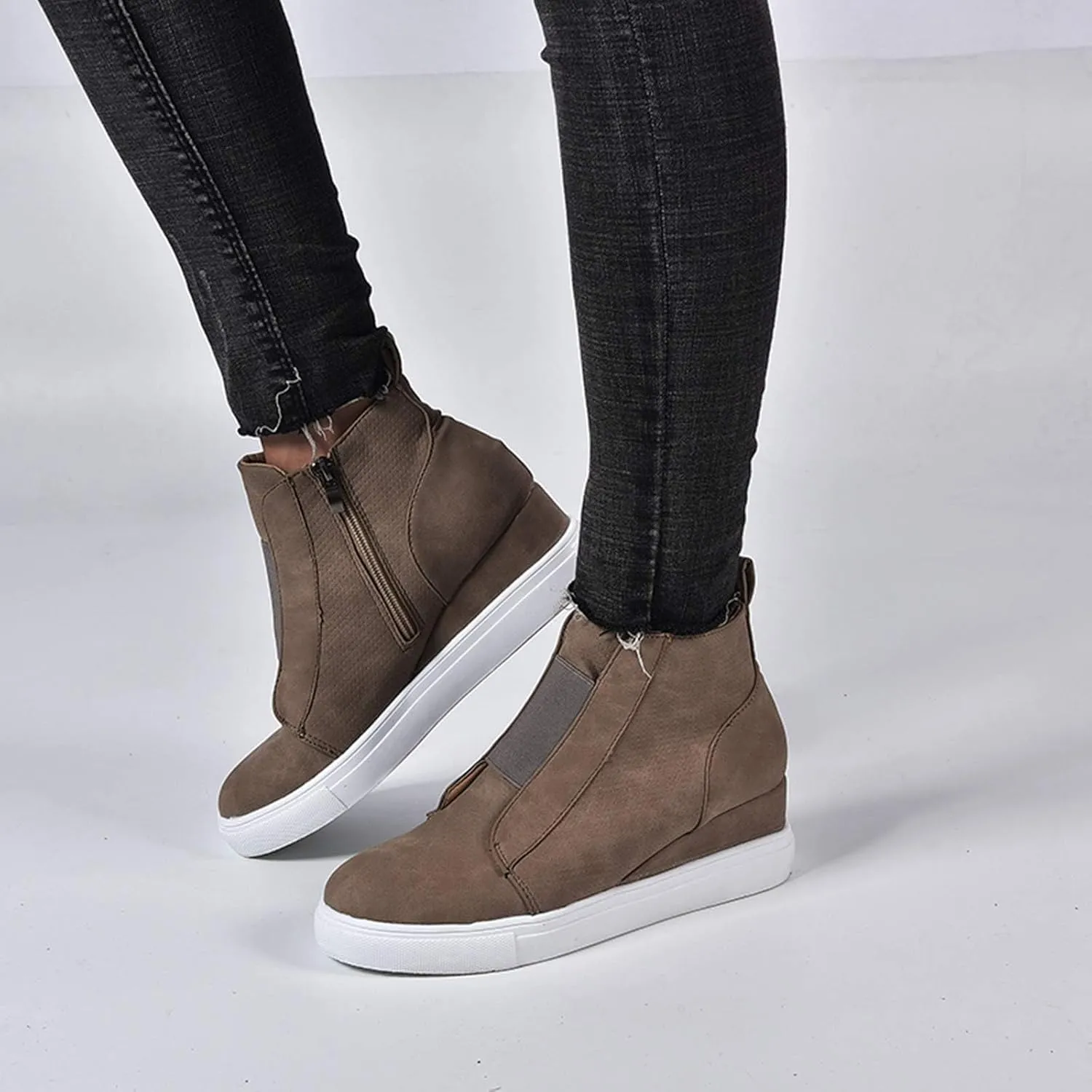 ZBYY Wedge Sneakers for Women Hidden Wedges Side Zipper Suede Platform Ankle Booties Fashion Casual High Top Sneakers