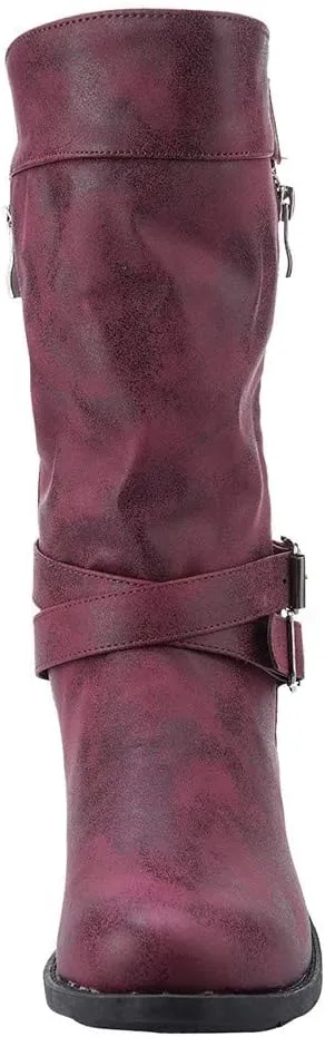 ZBYY Women's Fashion Ankle Booties Low Heel Mid Calf Combat Boots for Women Round Toe Side Zipper Buckle Ankle Boot