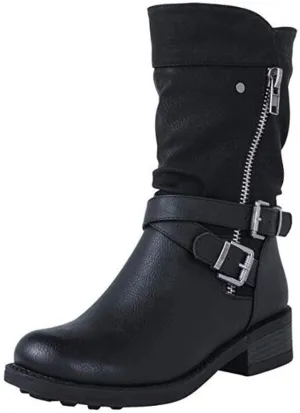 ZBYY Women's Fashion Ankle Booties Low Heel Mid Calf Combat Boots for Women Round Toe Side Zipper Buckle Ankle Boot
