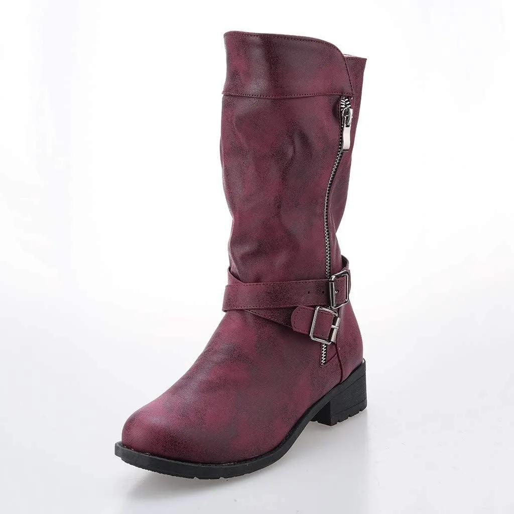 ZBYY Women's Fashion Ankle Booties Low Heel Mid Calf Combat Boots for Women Round Toe Side Zipper Buckle Ankle Boot