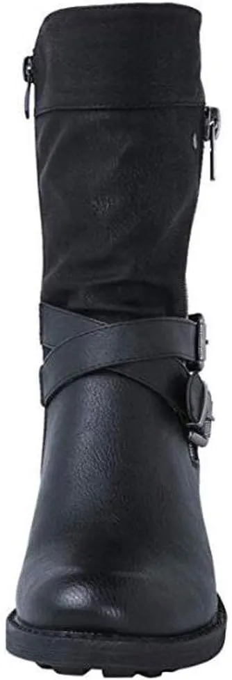 ZBYY Women's Fashion Ankle Booties Low Heel Mid Calf Combat Boots for Women Round Toe Side Zipper Buckle Ankle Boot