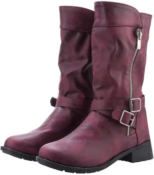 ZBYY Women's Fashion Ankle Booties Low Heel Mid Calf Combat Boots for Women Round Toe Side Zipper Buckle Ankle Boot