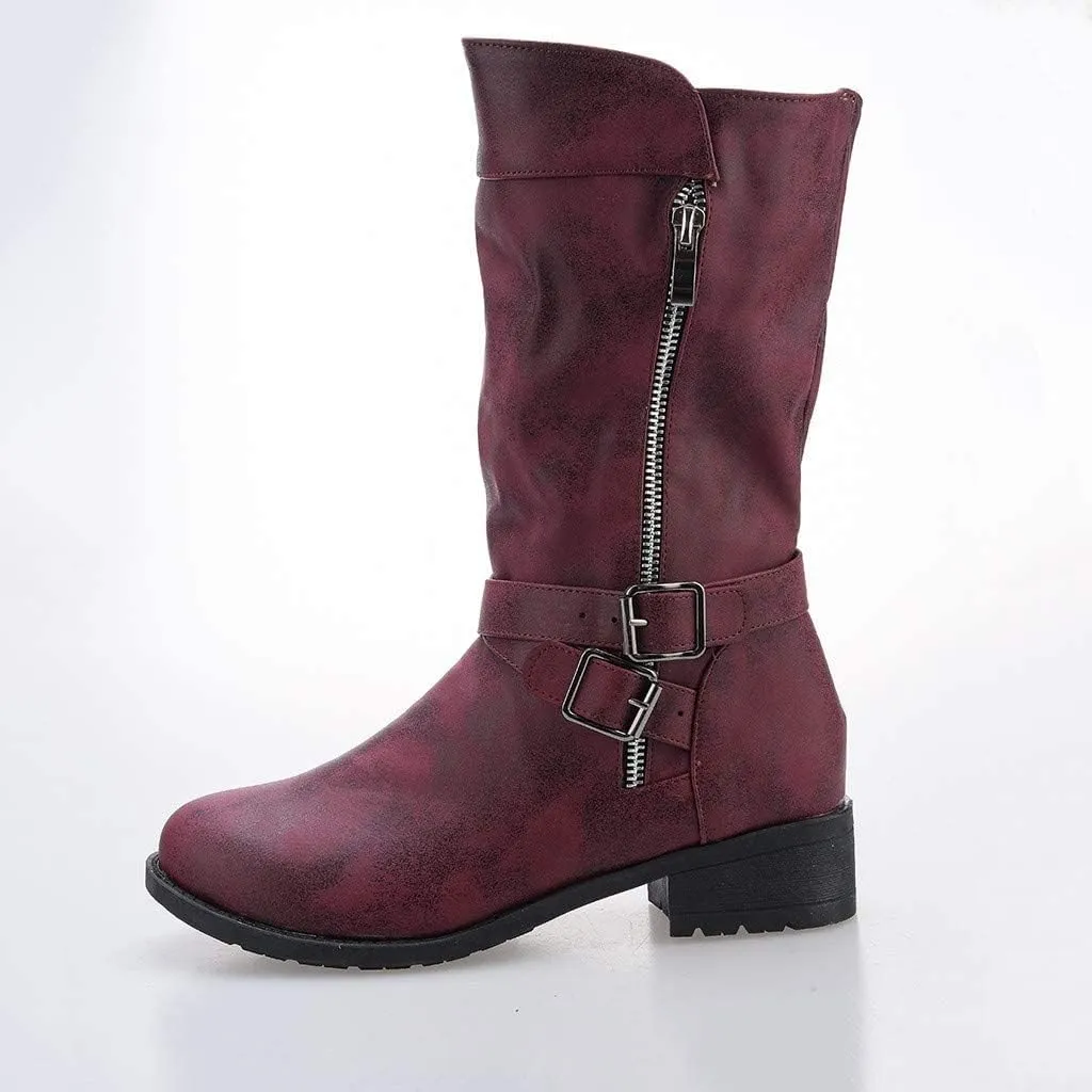 ZBYY Women's Fashion Ankle Booties Low Heel Mid Calf Combat Boots for Women Round Toe Side Zipper Buckle Ankle Boot