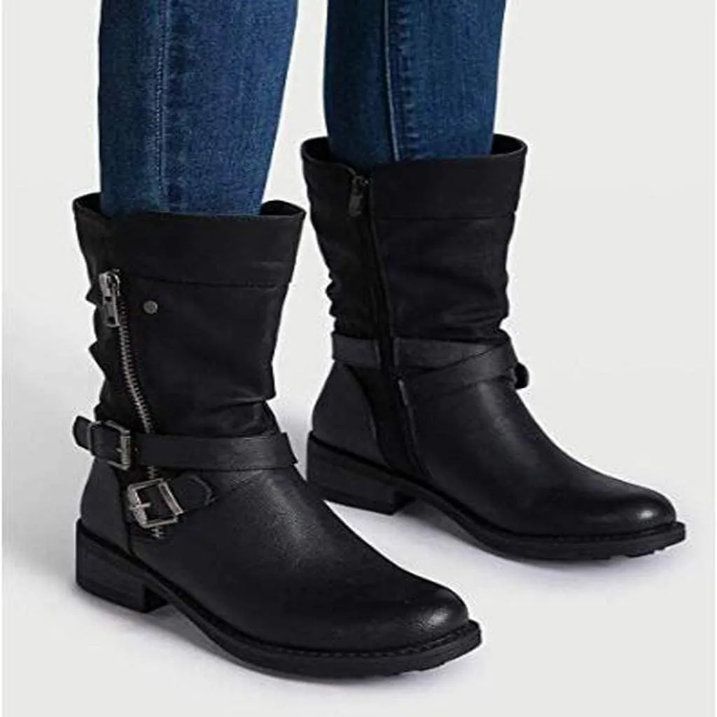 ZBYY Women's Fashion Ankle Booties Low Heel Mid Calf Combat Boots for Women Round Toe Side Zipper Buckle Ankle Boot