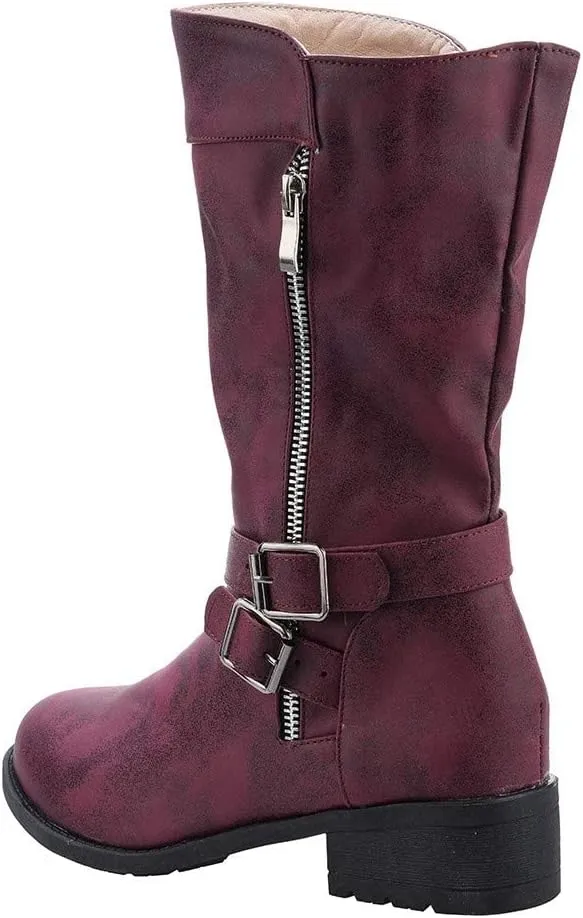 ZBYY Women's Fashion Ankle Booties Low Heel Mid Calf Combat Boots for Women Round Toe Side Zipper Buckle Ankle Boot