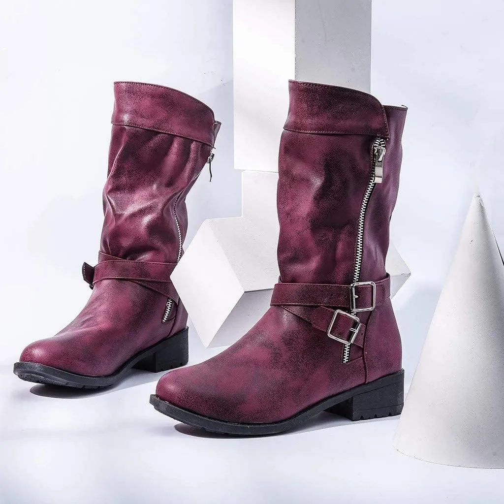 ZBYY Women's Fashion Ankle Booties Low Heel Mid Calf Combat Boots for Women Round Toe Side Zipper Buckle Ankle Boot