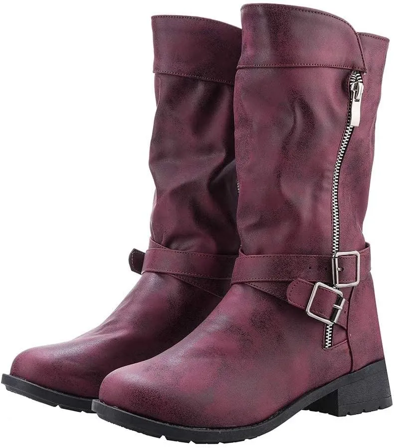 ZBYY Women's Fashion Ankle Booties Low Heel Mid Calf Combat Boots for Women Round Toe Side Zipper Buckle Ankle Boot