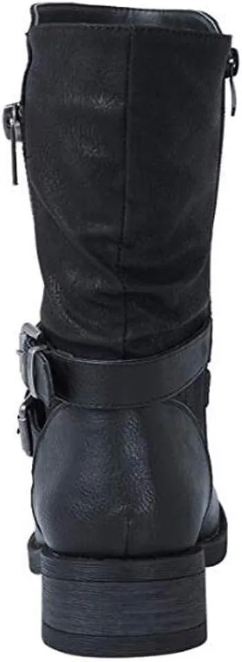 ZBYY Women's Fashion Ankle Booties Low Heel Mid Calf Combat Boots for Women Round Toe Side Zipper Buckle Ankle Boot