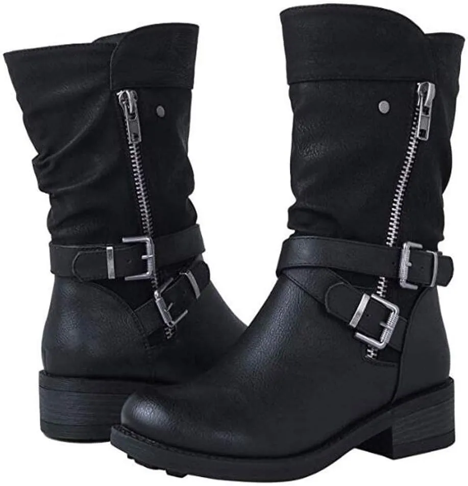 ZBYY Women's Fashion Ankle Booties Low Heel Mid Calf Combat Boots for Women Round Toe Side Zipper Buckle Ankle Boot
