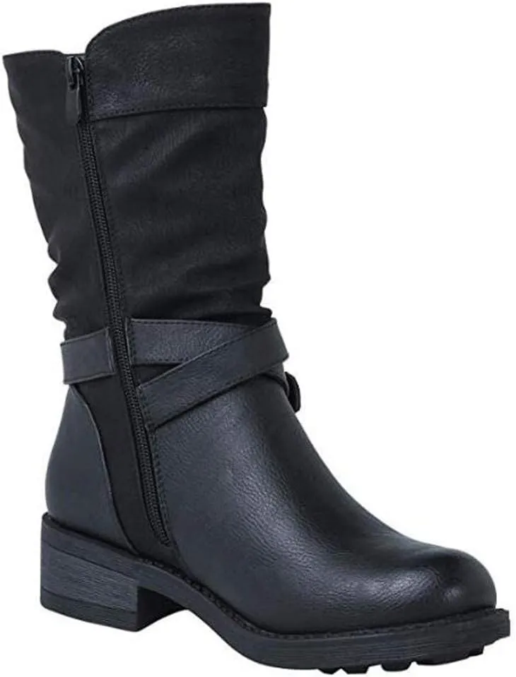 ZBYY Women's Fashion Ankle Booties Low Heel Mid Calf Combat Boots for Women Round Toe Side Zipper Buckle Ankle Boot