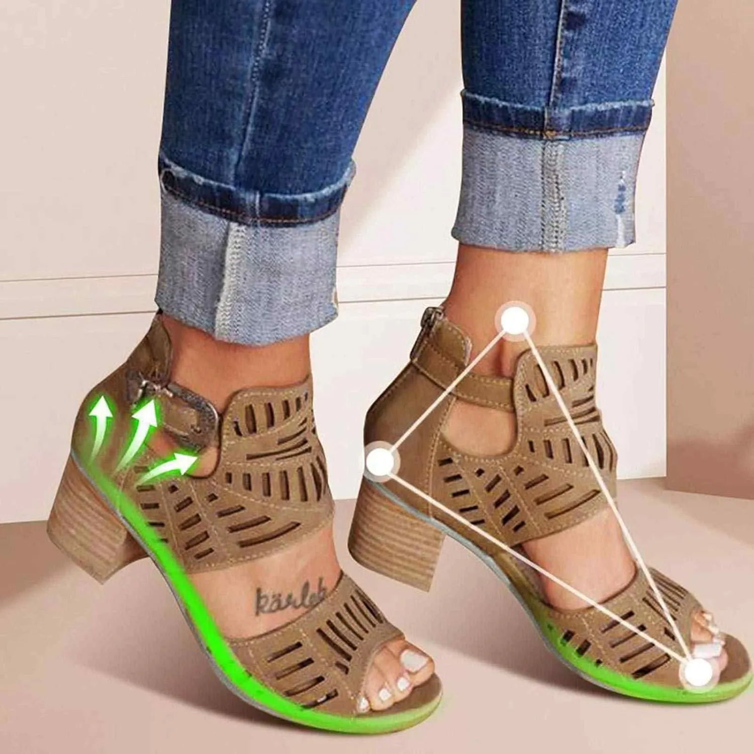ZBYY Women's Peep Toe Sandals Summer Double Buckle Cutout Side Strap Sandals Chunky Block Low Heel Ankle Strap Sandals