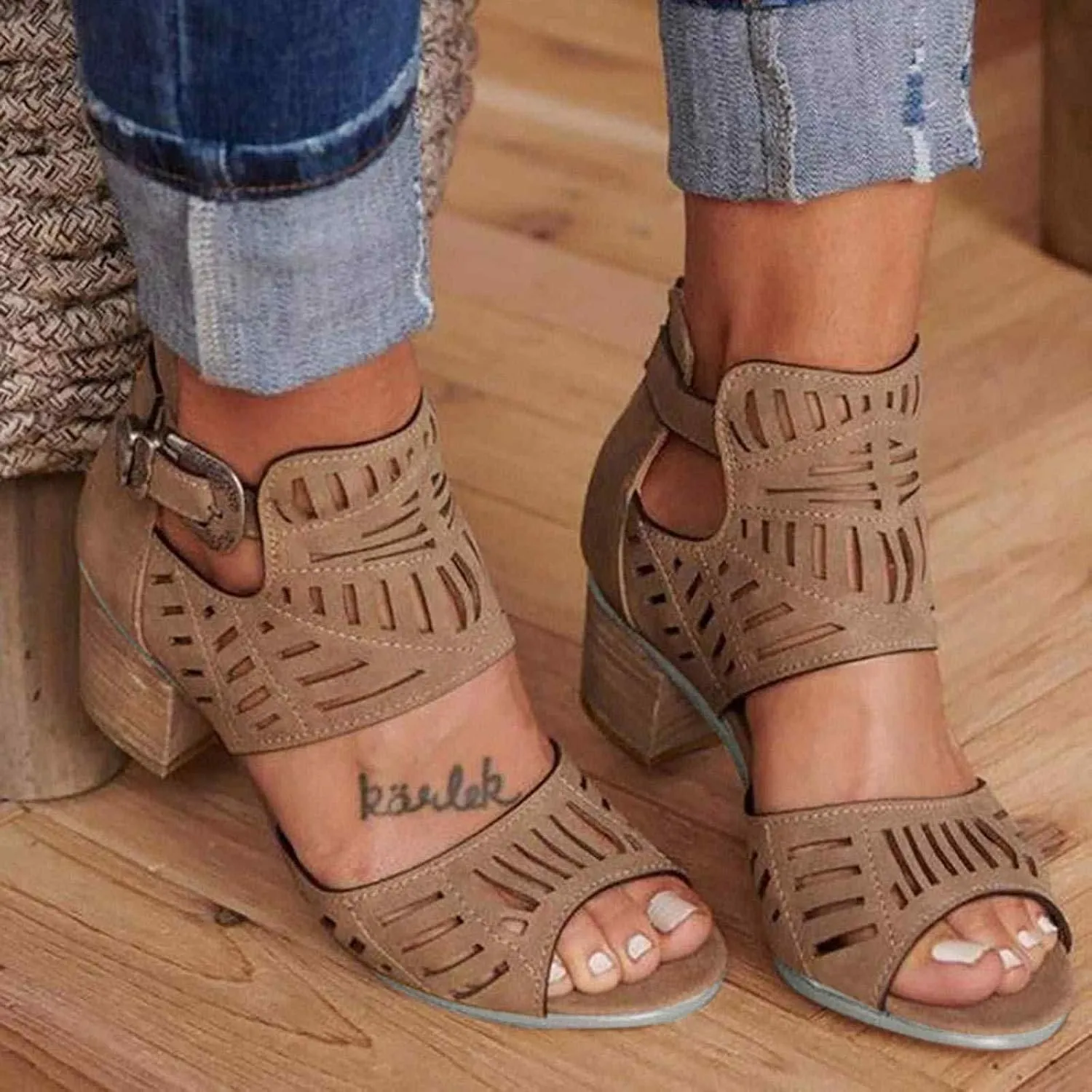 ZBYY Women's Peep Toe Sandals Summer Double Buckle Cutout Side Strap Sandals Chunky Block Low Heel Ankle Strap Sandals