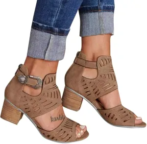 ZBYY Women's Peep Toe Sandals Summer Double Buckle Cutout Side Strap Sandals Chunky Block Low Heel Ankle Strap Sandals