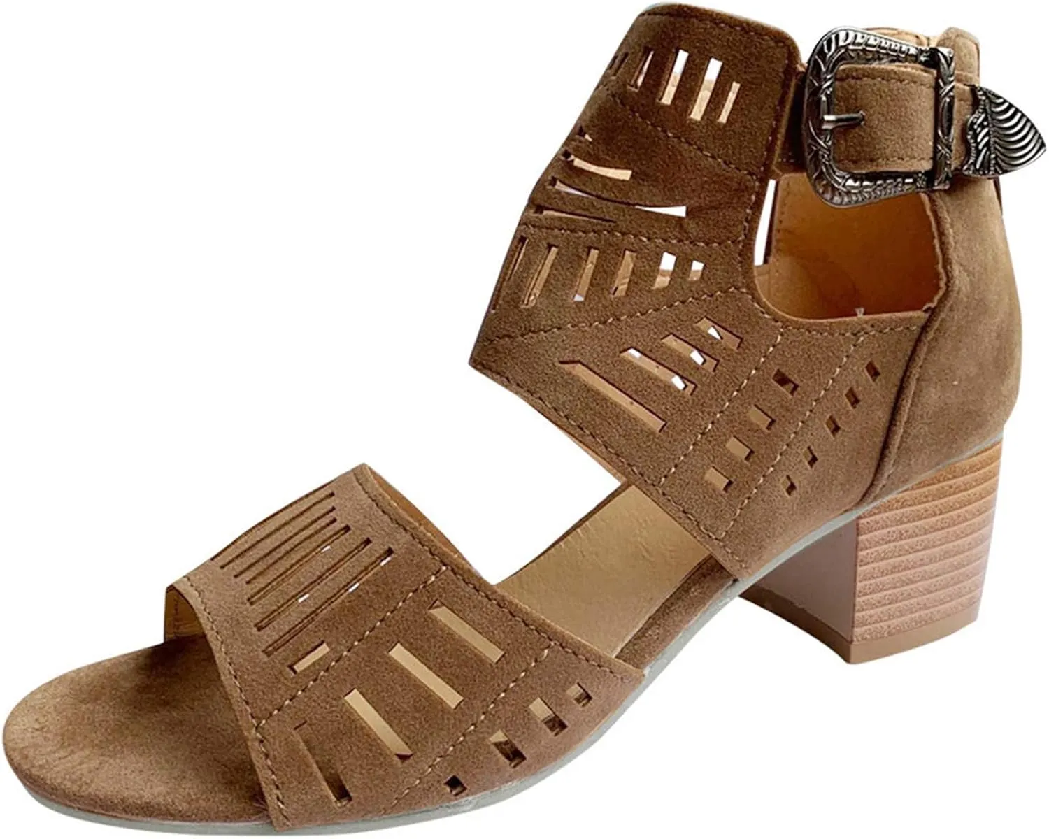 ZBYY Women's Peep Toe Sandals Summer Double Buckle Cutout Side Strap Sandals Chunky Block Low Heel Ankle Strap Sandals