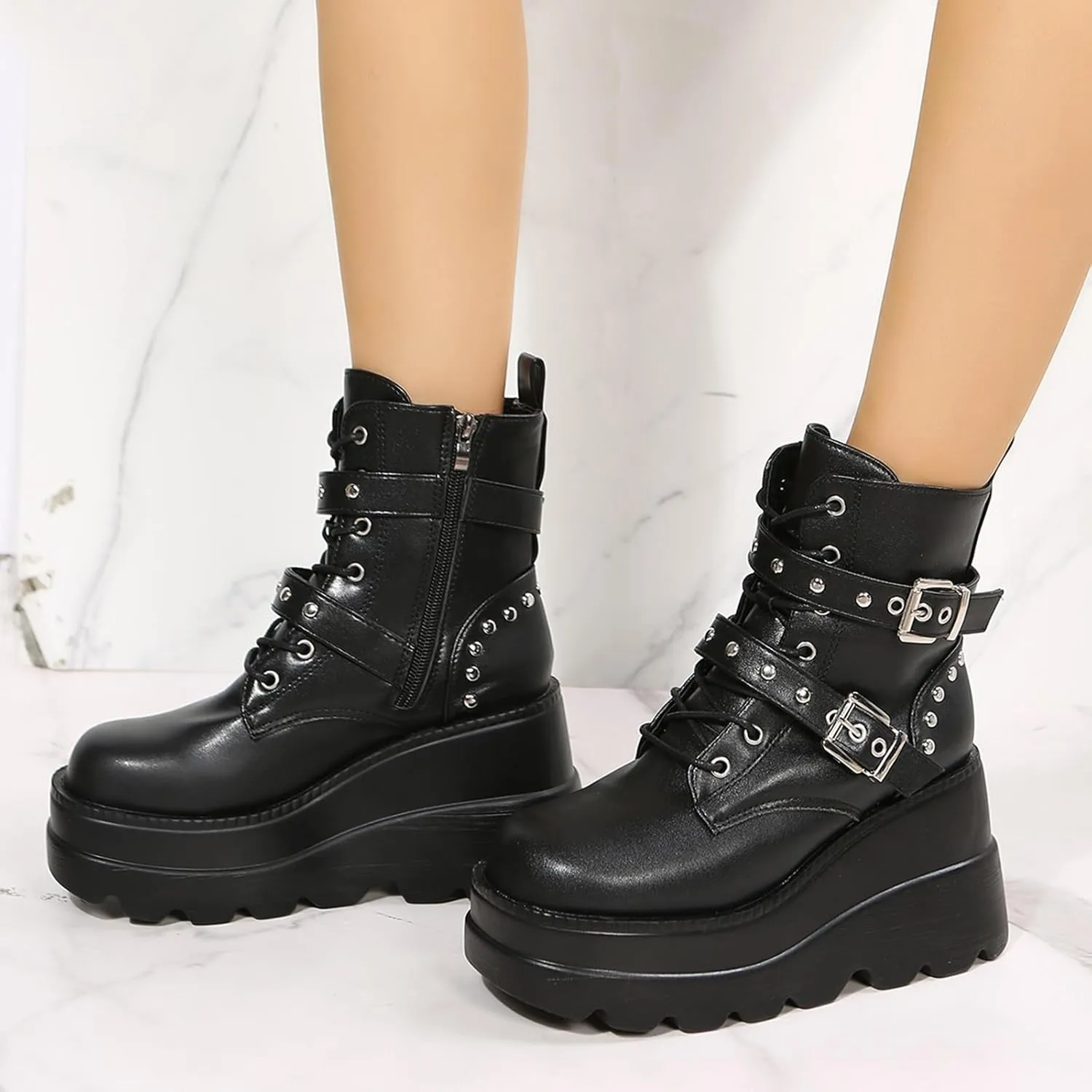 ZKXYFFS Platform Ankle Boots for Women Chunky High Heel Booties Goth Round Toe Combat Wedges Boots Buckle Studded Motorcycle Booties