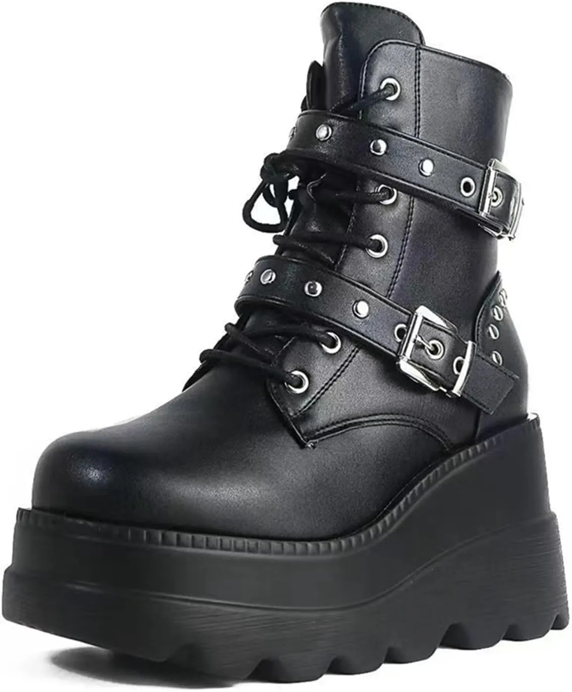 ZKXYFFS Platform Ankle Boots for Women Chunky High Heel Booties Goth Round Toe Combat Wedges Boots Buckle Studded Motorcycle Booties
