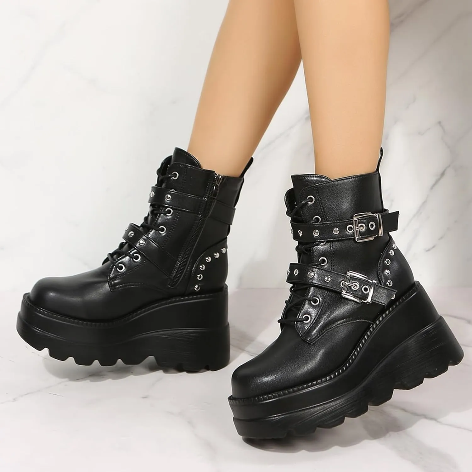ZKXYFFS Platform Ankle Boots for Women Chunky High Heel Booties Goth Round Toe Combat Wedges Boots Buckle Studded Motorcycle Booties