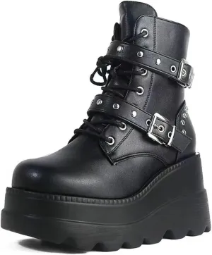 ZKXYFFS Platform Ankle Boots for Women Chunky High Heel Booties Goth Round Toe Combat Wedges Boots Buckle Studded Motorcycle Booties