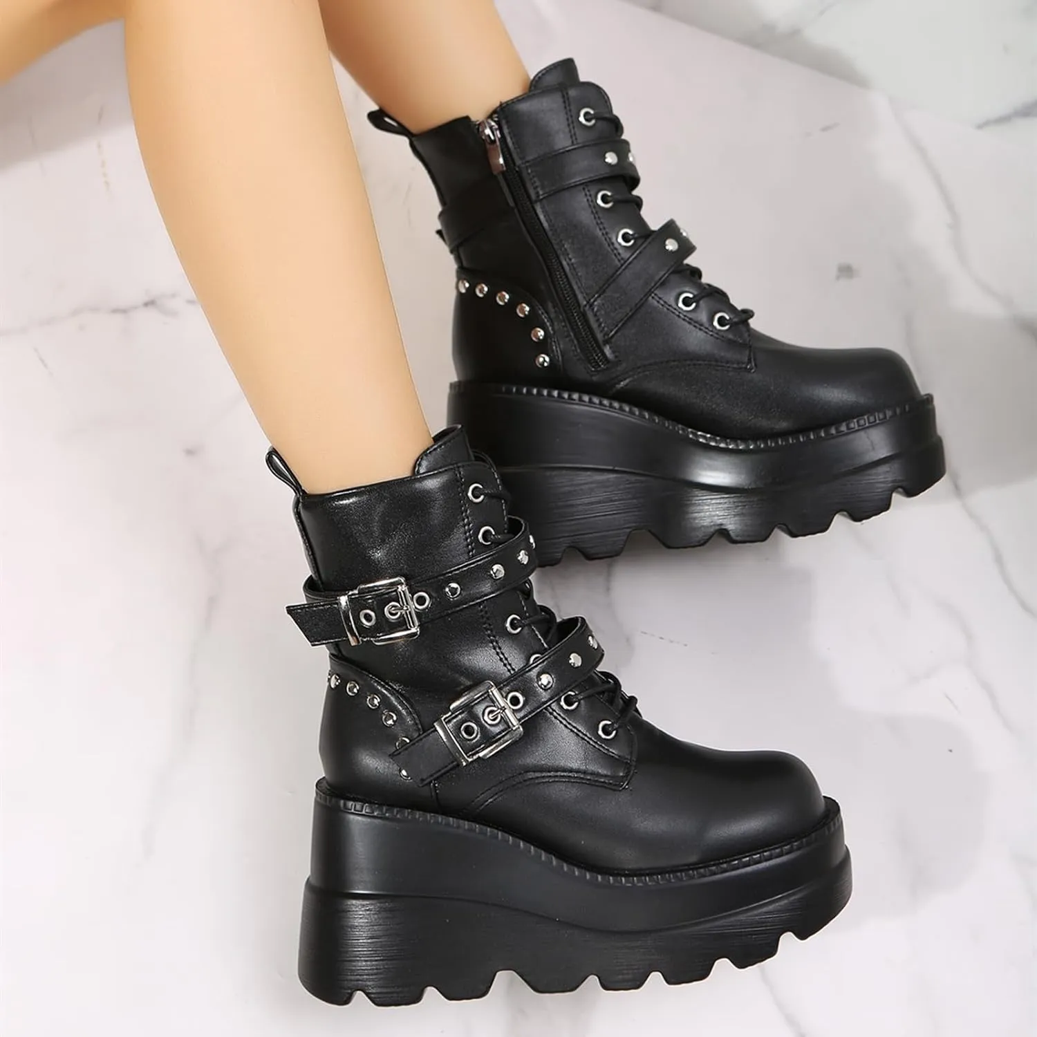 ZKXYFFS Platform Ankle Boots for Women Chunky High Heel Booties Goth Round Toe Combat Wedges Boots Buckle Studded Motorcycle Booties