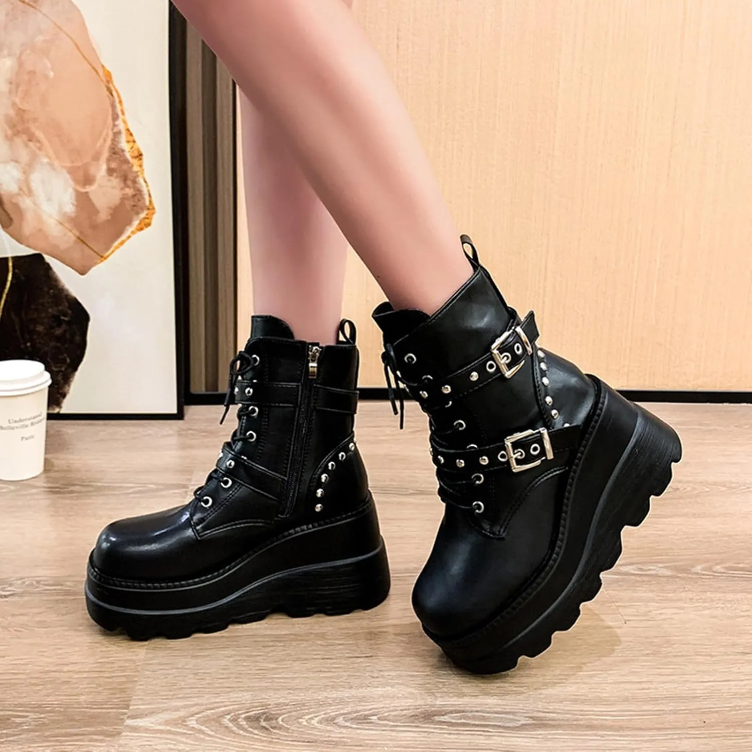 ZKXYFFS Platform Ankle Boots for Women Chunky High Heel Booties Goth Round Toe Combat Wedges Boots Buckle Studded Motorcycle Booties