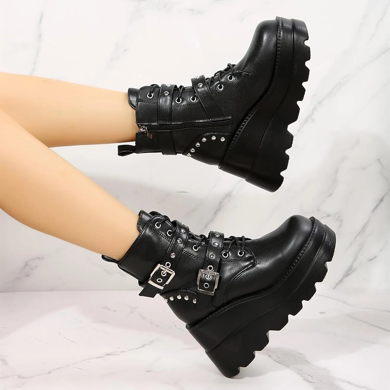 ZKXYFFS Platform Ankle Boots for Women Chunky High Heel Booties Goth Round Toe Combat Wedges Boots Buckle Studded Motorcycle Booties