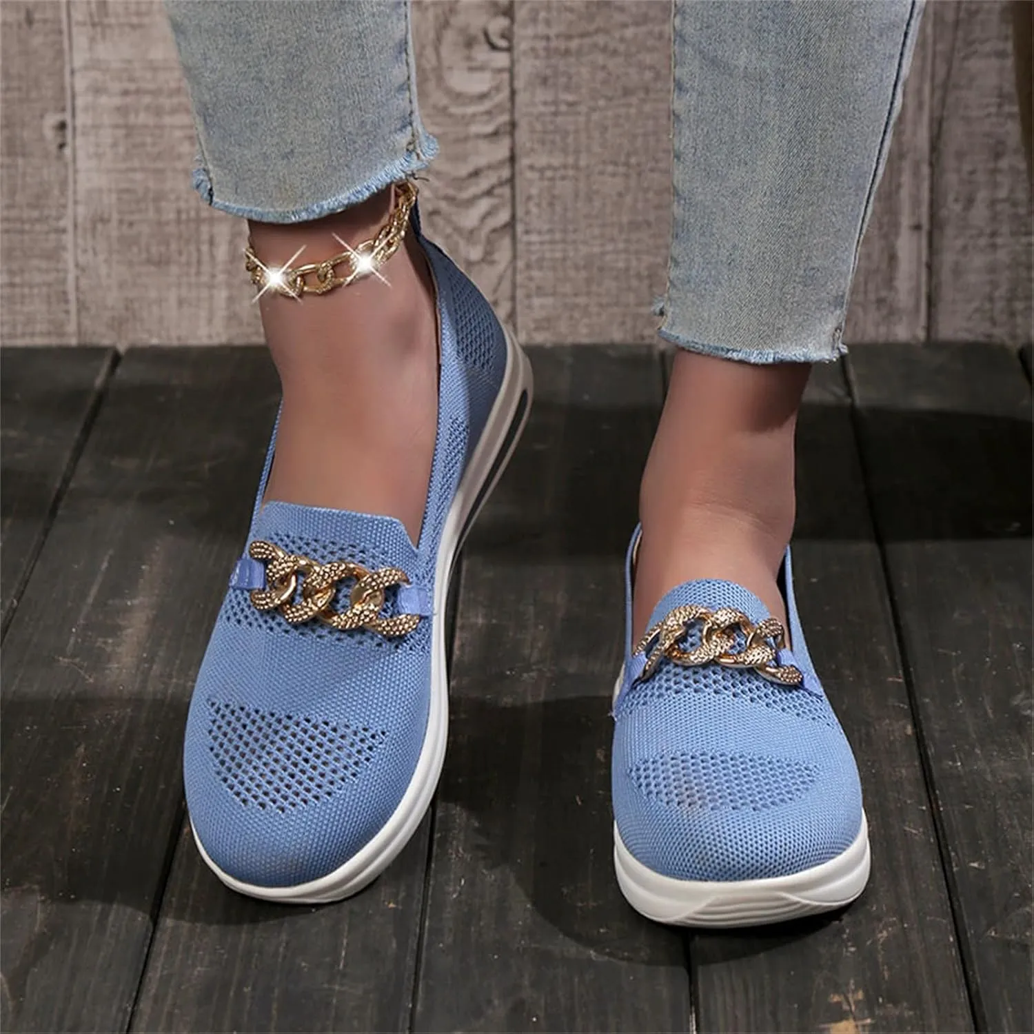 ZSpzx Loafers for Women Air Cushioned Mesh Flat Breathable Comfort Walking Sneakers Low Top Slip on Arch Support Casual Boat Shoes Elastic Athletic Shoe for Jogging Running Daily Wear