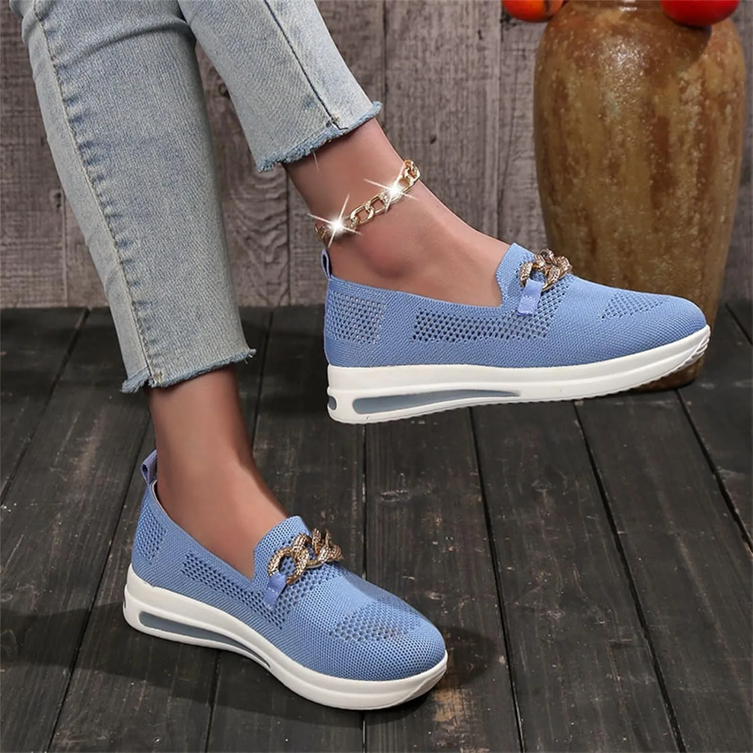 ZSpzx Loafers for Women Air Cushioned Mesh Flat Breathable Comfort Walking Sneakers Low Top Slip on Arch Support Casual Boat Shoes Elastic Athletic Shoe for Jogging Running Daily Wear