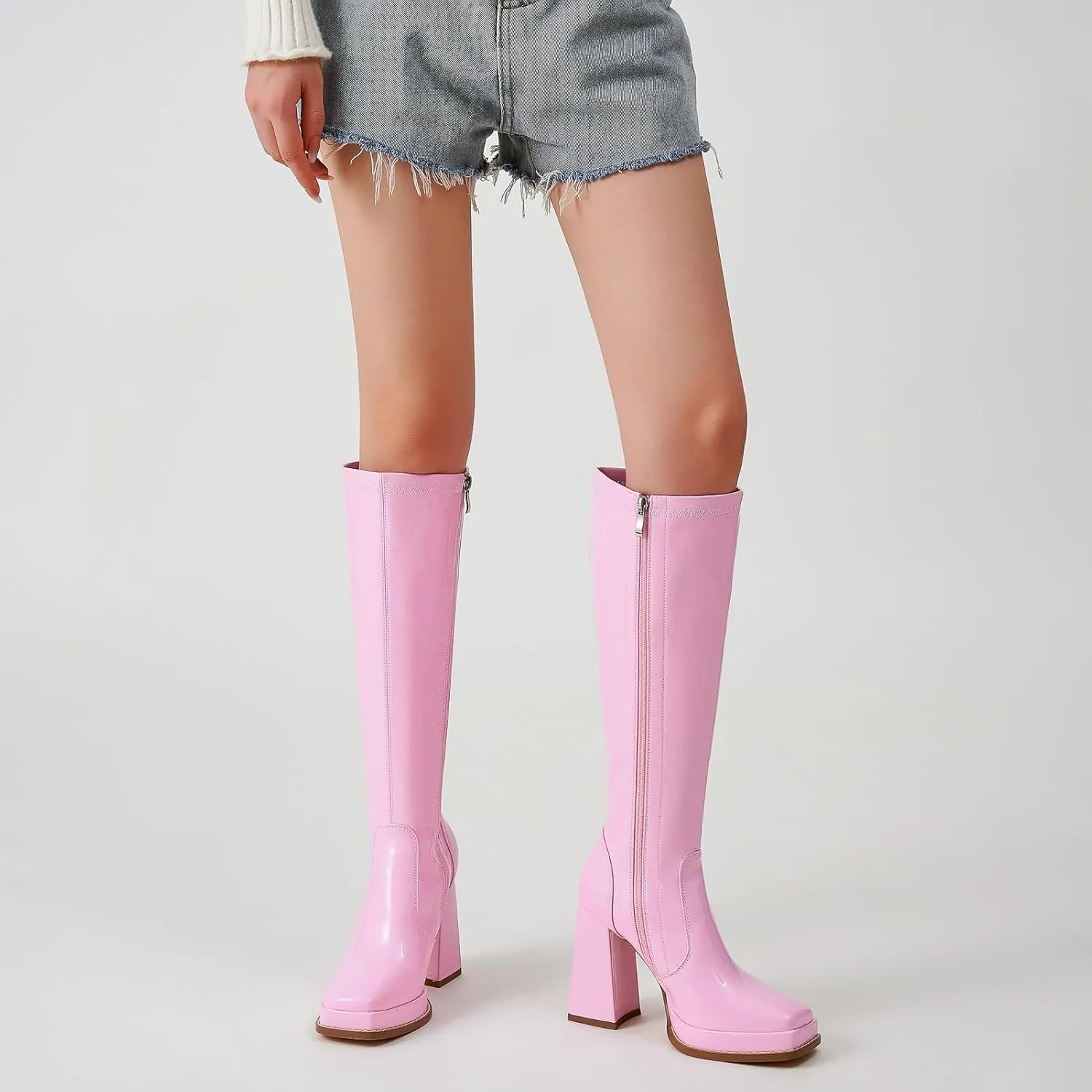 ZXHYZLZ Knee High Gogo Boots 70S For Women Wide Calf Long Tall Square Toe Chunky Boot Women