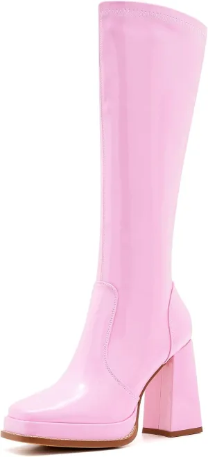ZXHYZLZ Knee High Gogo Boots 70S For Women Wide Calf Long Tall Square Toe Chunky Boot Women