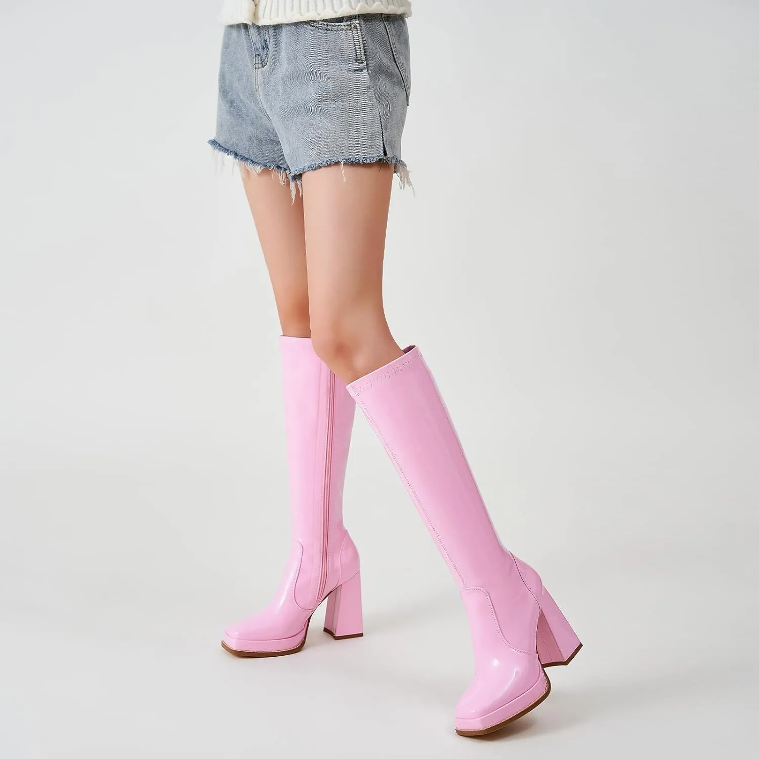 ZXHYZLZ Knee High Gogo Boots 70S For Women Wide Calf Long Tall Square Toe Chunky Boot Women